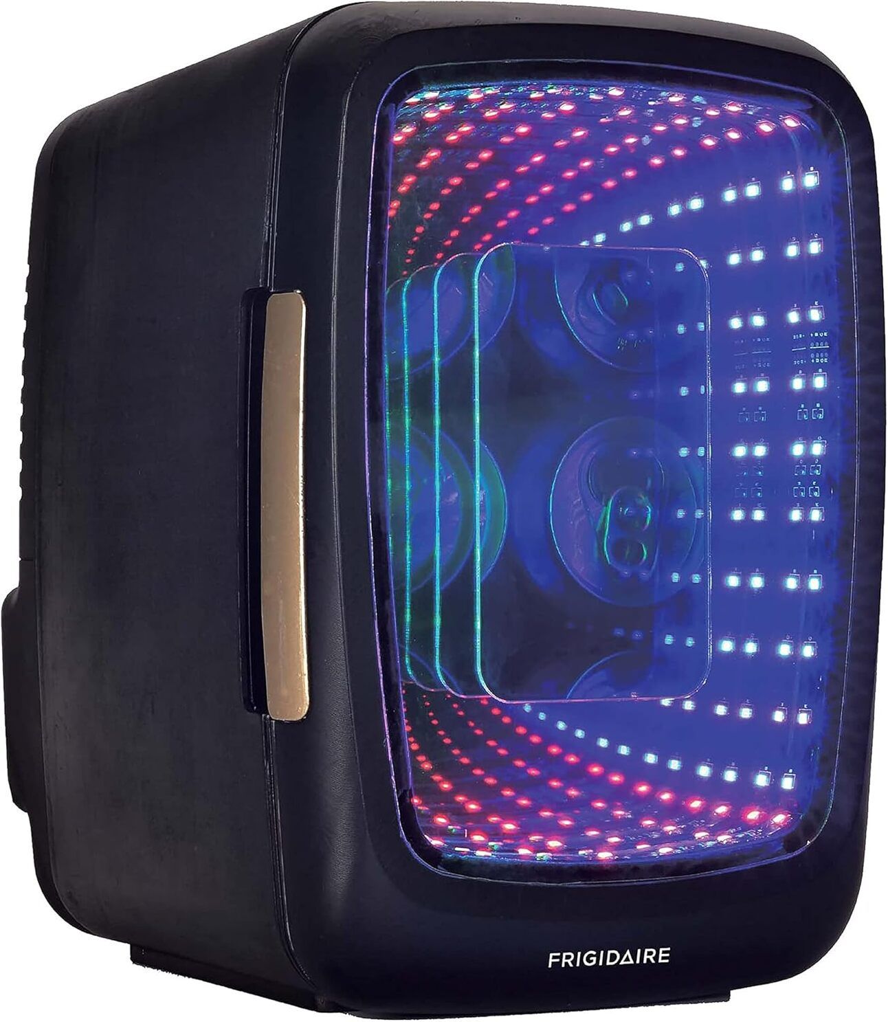 Frigidaire Gaming Mini Fridge Alt Text: Compact LED-lit mini fridge for drinks, styled for gaming setups with stealth black finish and quiet operation.