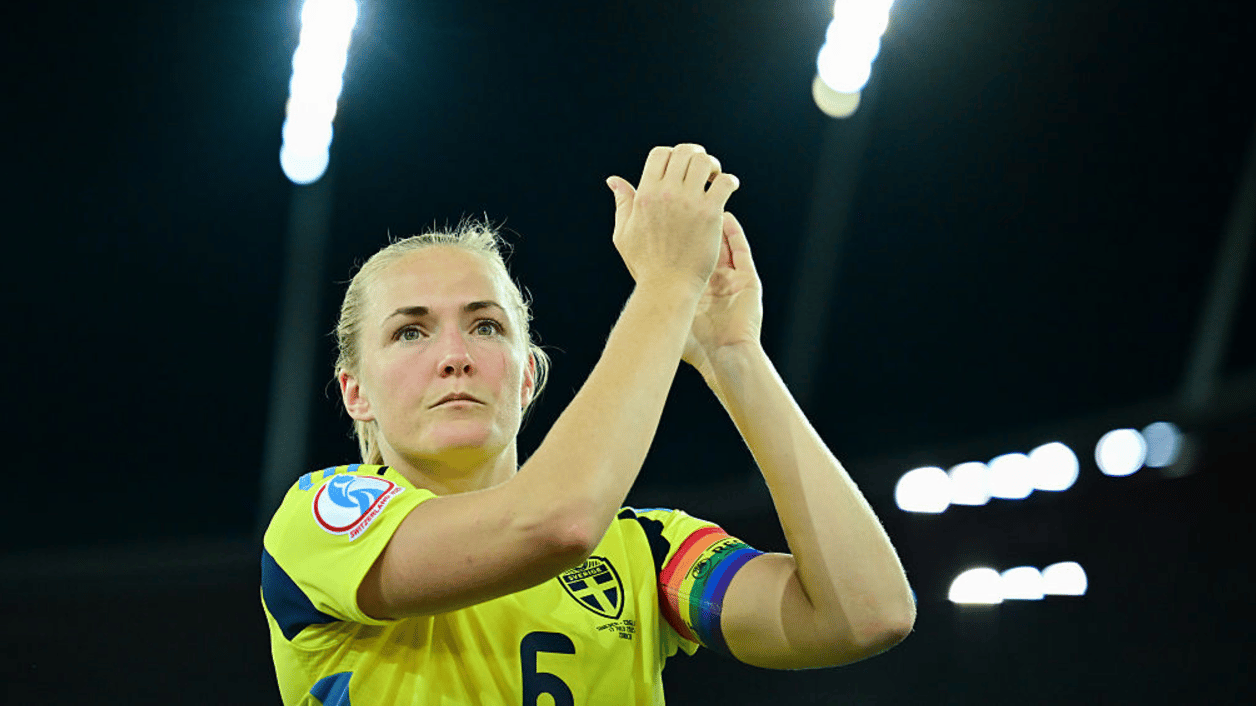 Sweden's Magdalena Eriksson applauds the crowd after losing a match to England at the 2025 Women’s Euros in Switzerland.