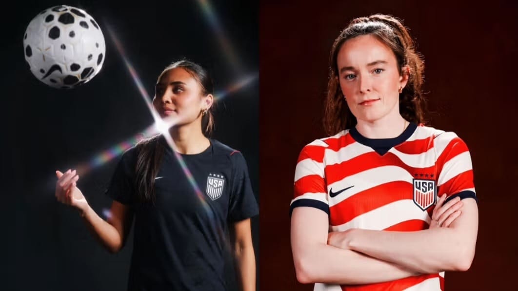 Alyssa Thompson and Rose Lavelle model the new black stars and red and white stripes jersey designs.