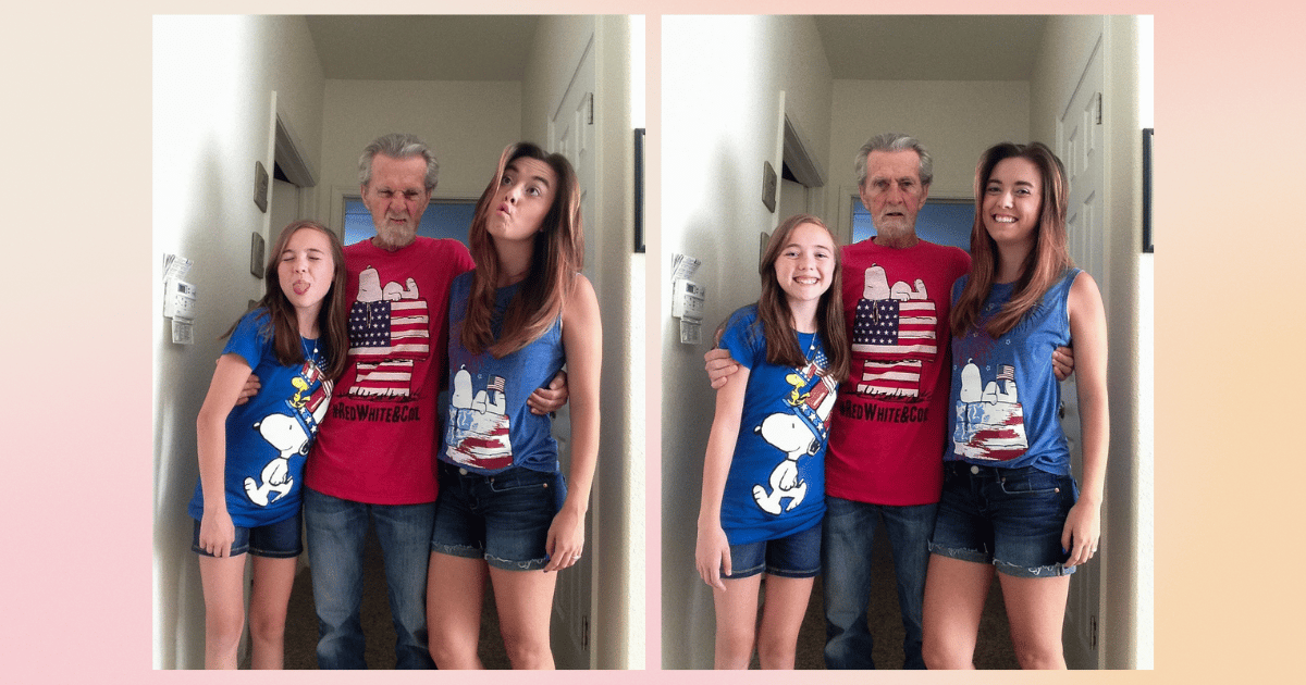 A grandpa and his two granddaughters wearing Snoopy 4th of July shirts and smiling and making silly faces at the camera