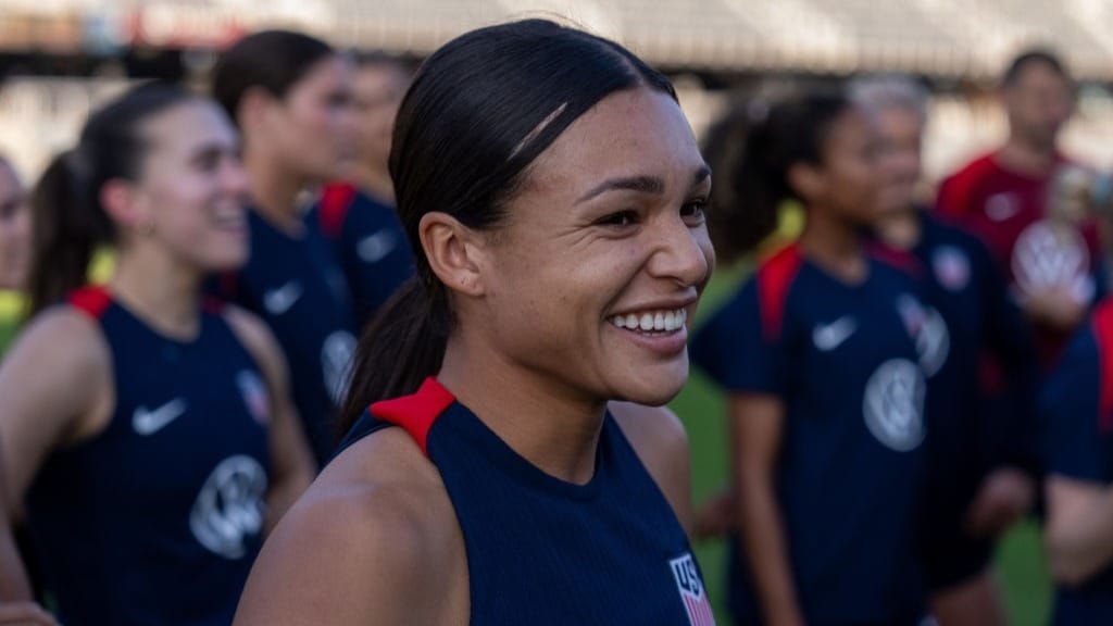 Sophia Smith of the United States smiles during USWNT training at Lynn Family Stadium on October 29, 2024