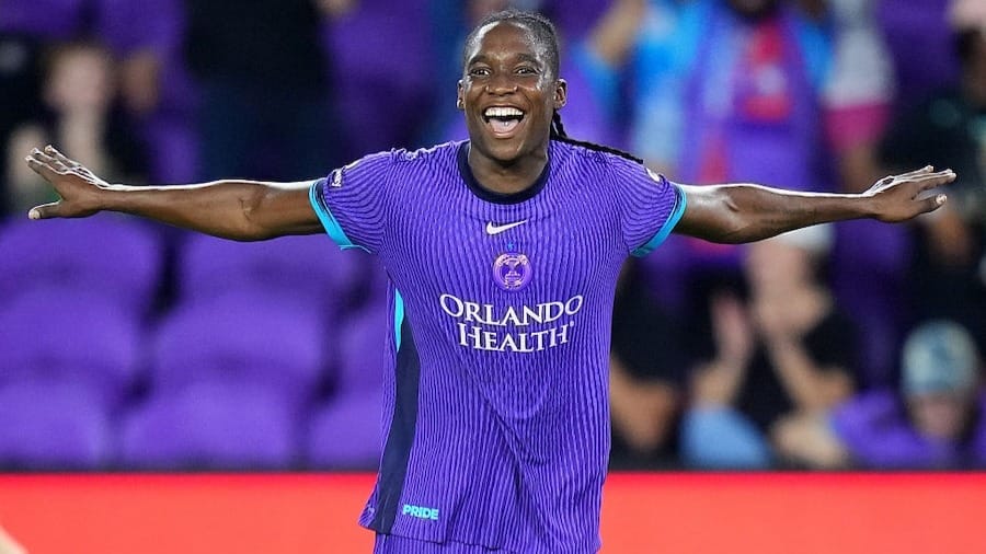 Barbra Banda #11 of Orlando Pride celebrates after scoring the team's first goal during the NWSL match between Orlando Pride and North Carolina Courage