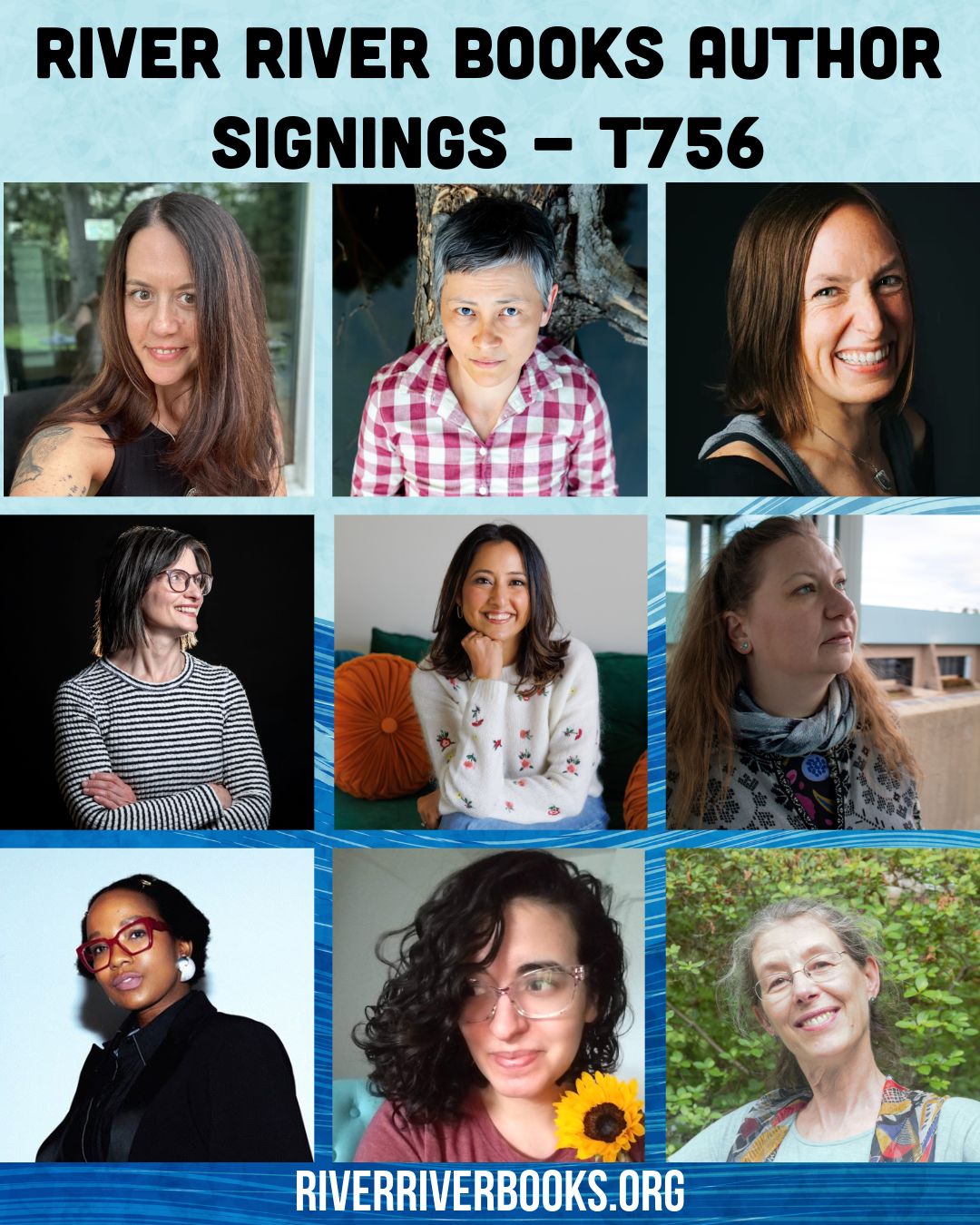 River River Author Signings, T7566 , photo gridi featuring headshots of Beth Gilstrap, J.D. Ho, Zoe Ryder White, Elizabeth Sylvia, Preetii Vangani, Jennifer A Sutherland, Jameela F. Dallis, Carrla Sofia Ferreira, and Burgi Zenhaeusern. 