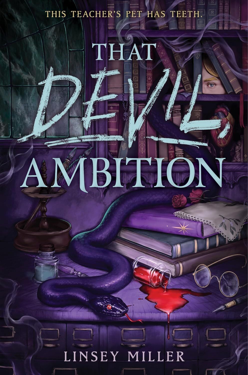 Dark academic setting with books, spilled ink, a coiled serpent, and a glint of crimson blood on a purple desk.