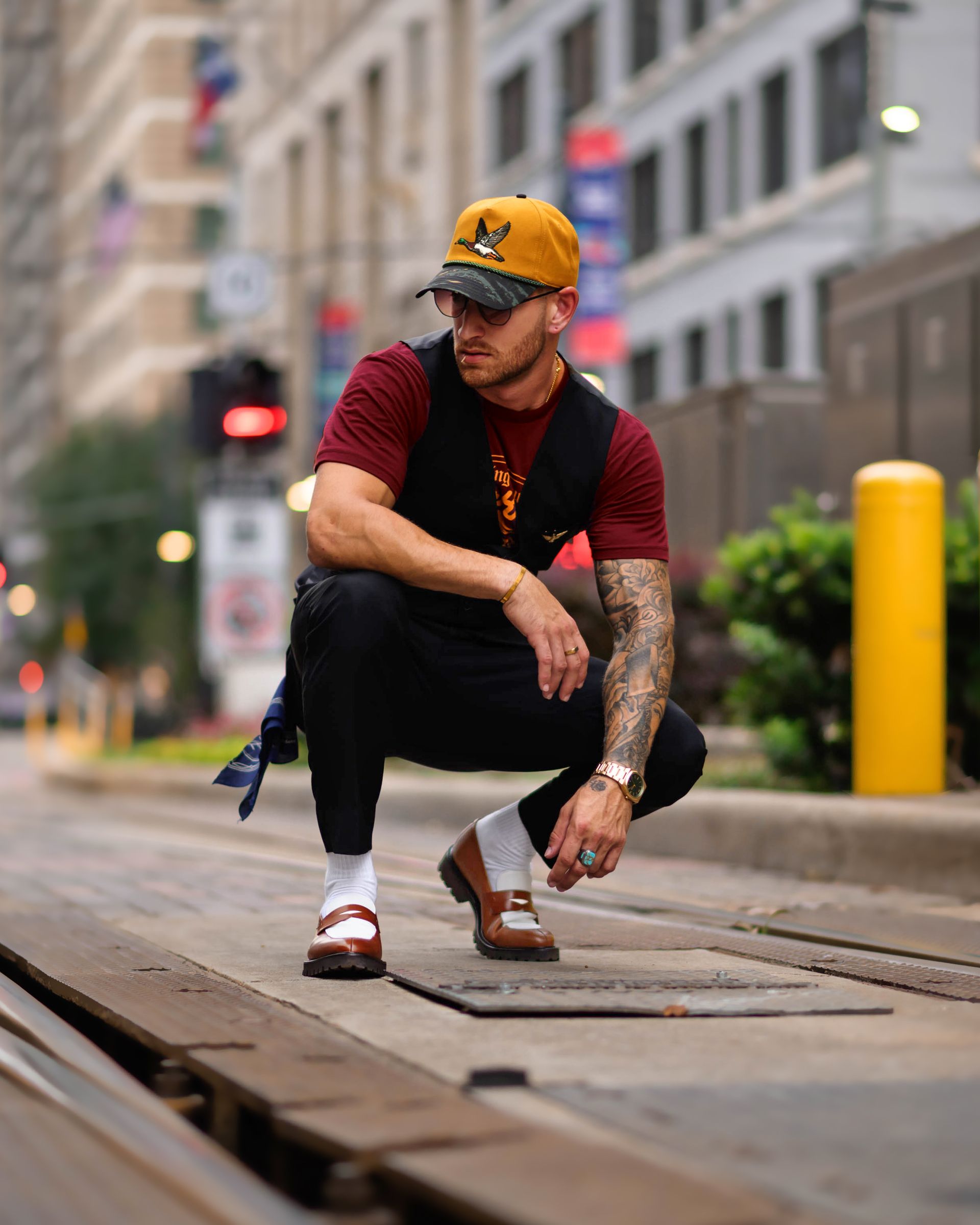 Southern Gents Black Single breasted vest and brown + white lug sole penny loafers