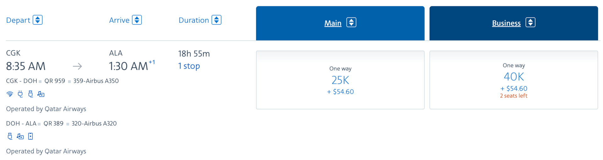 Jakarta to Almaty for 40,000 mile in business class