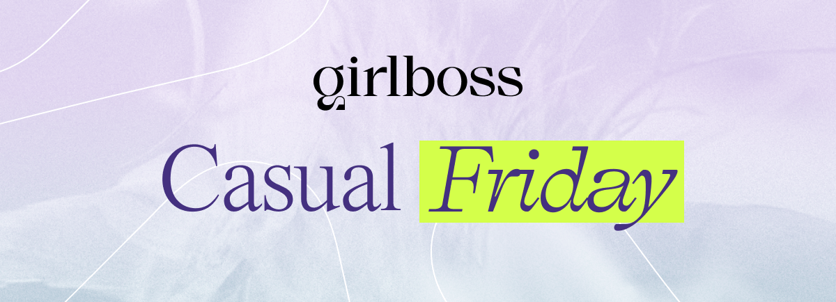 Girlboss Casual Friday banner with purple and blue watercolor.