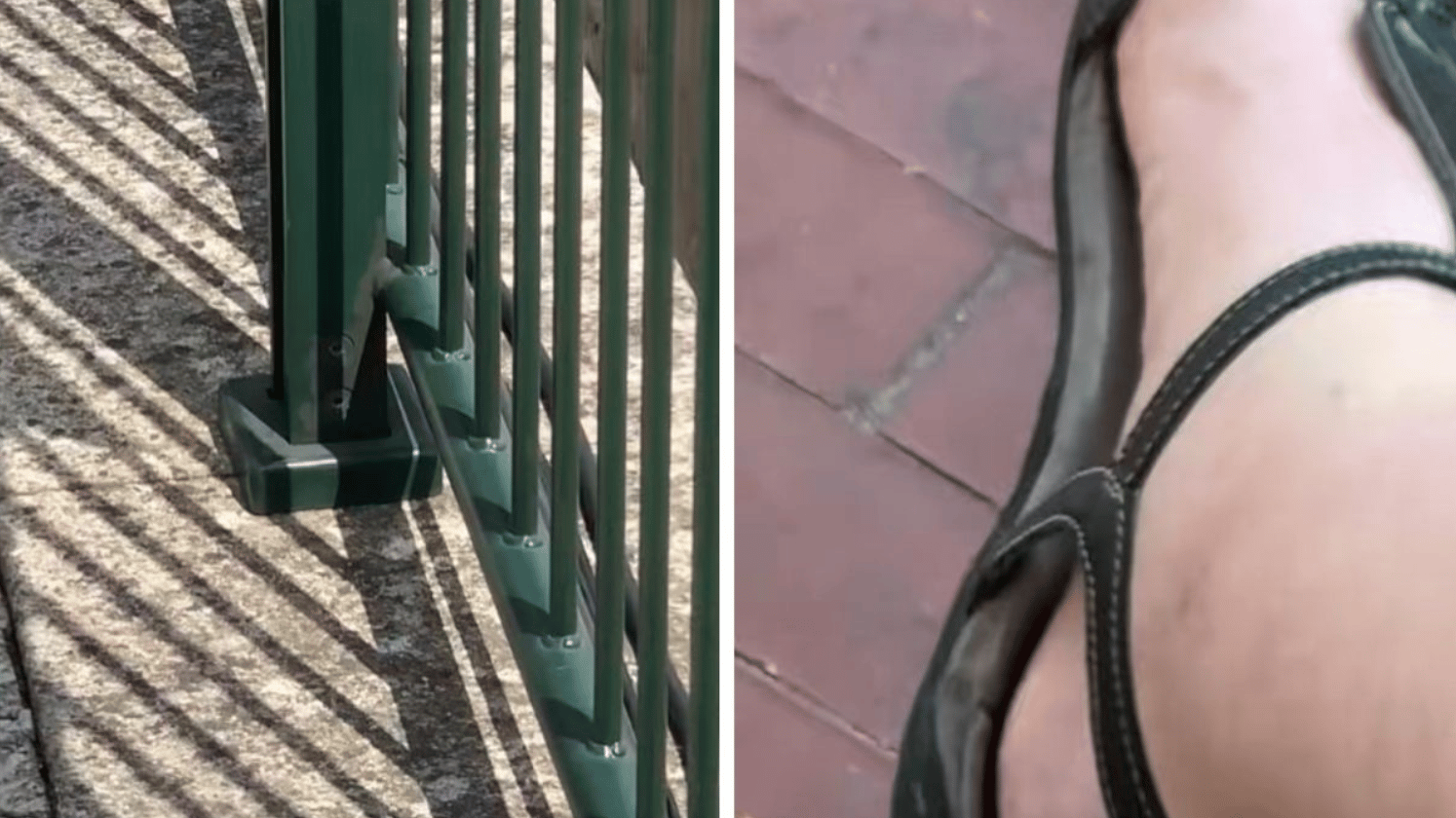 Left image shows a fence and shadows from videos a mom took in Portugal. Right image shows a foot in a sandal, also from a mom video.