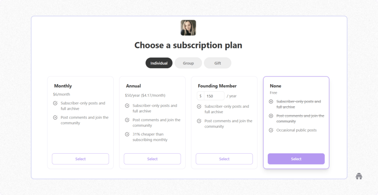 Substack subscription pricing page showing paid newsletter tiers including monthly, annual, and founding member plans. Illustrates how creators monetize content with paid subscriptions and member-only posts on Substack.