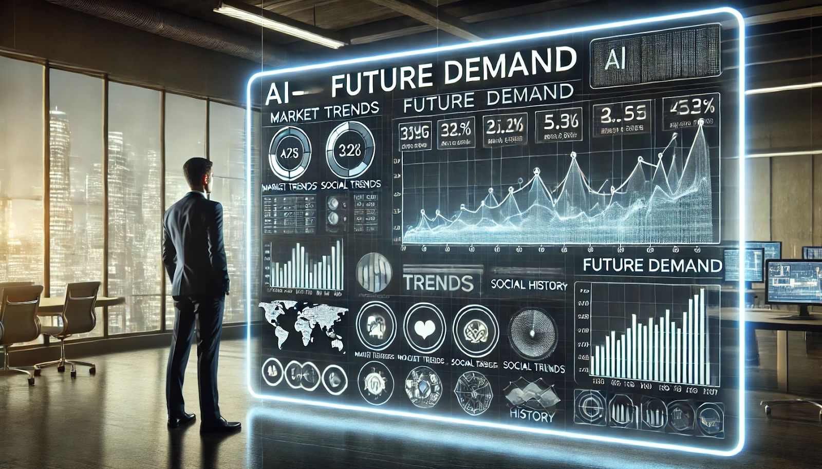 A businessperson analyzing future demand predictions displayed on an AI-powered dashboard with charts and data sources such as market trends and social media.