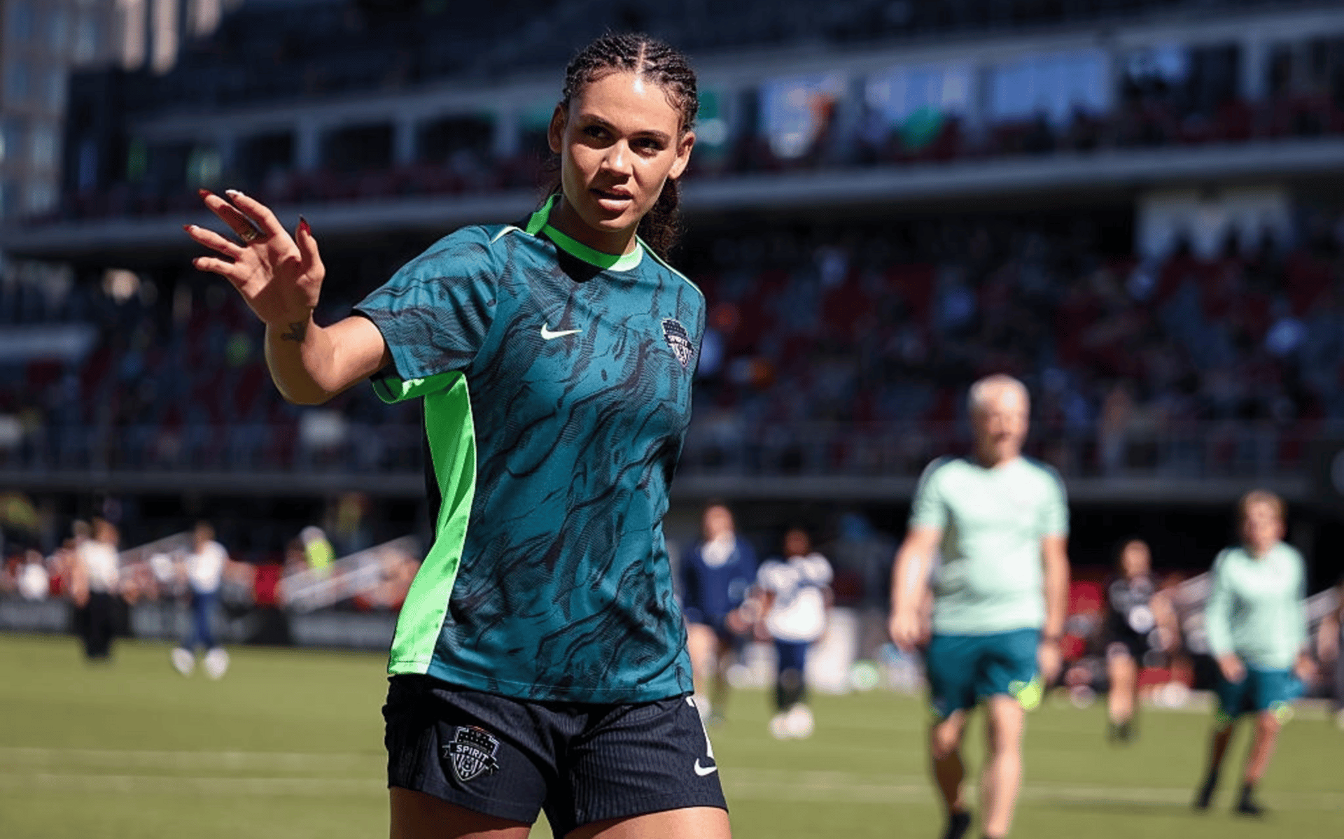 Trinity Rodman #2 of the Washington Spirit waves to spectators before the NWSL match against the San Diego Wave FC at Audi Field