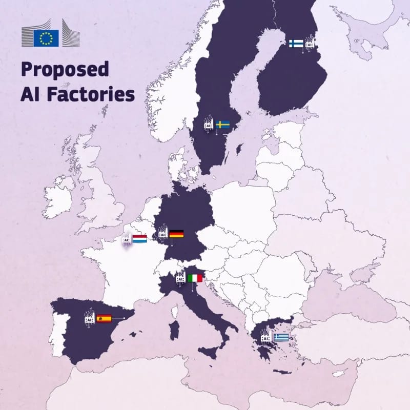 A map of Europe with several high-tech data centers highlighted as "AI factories".