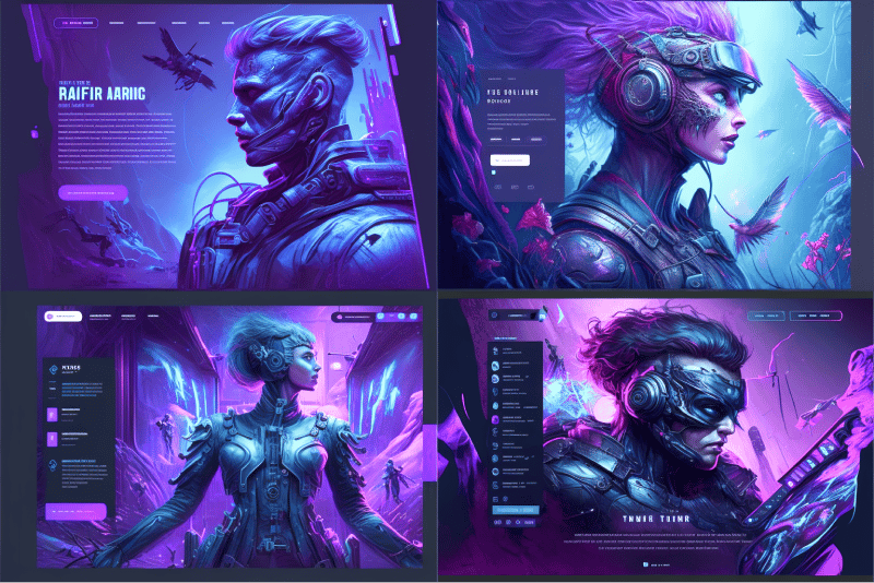 4 images showing variations of a cyberpunk-themed user interface