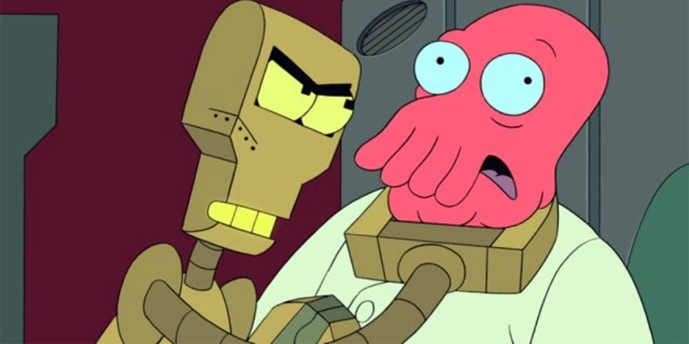 Cartoon robot with his clamp hand around a cartoon lobster's neck.