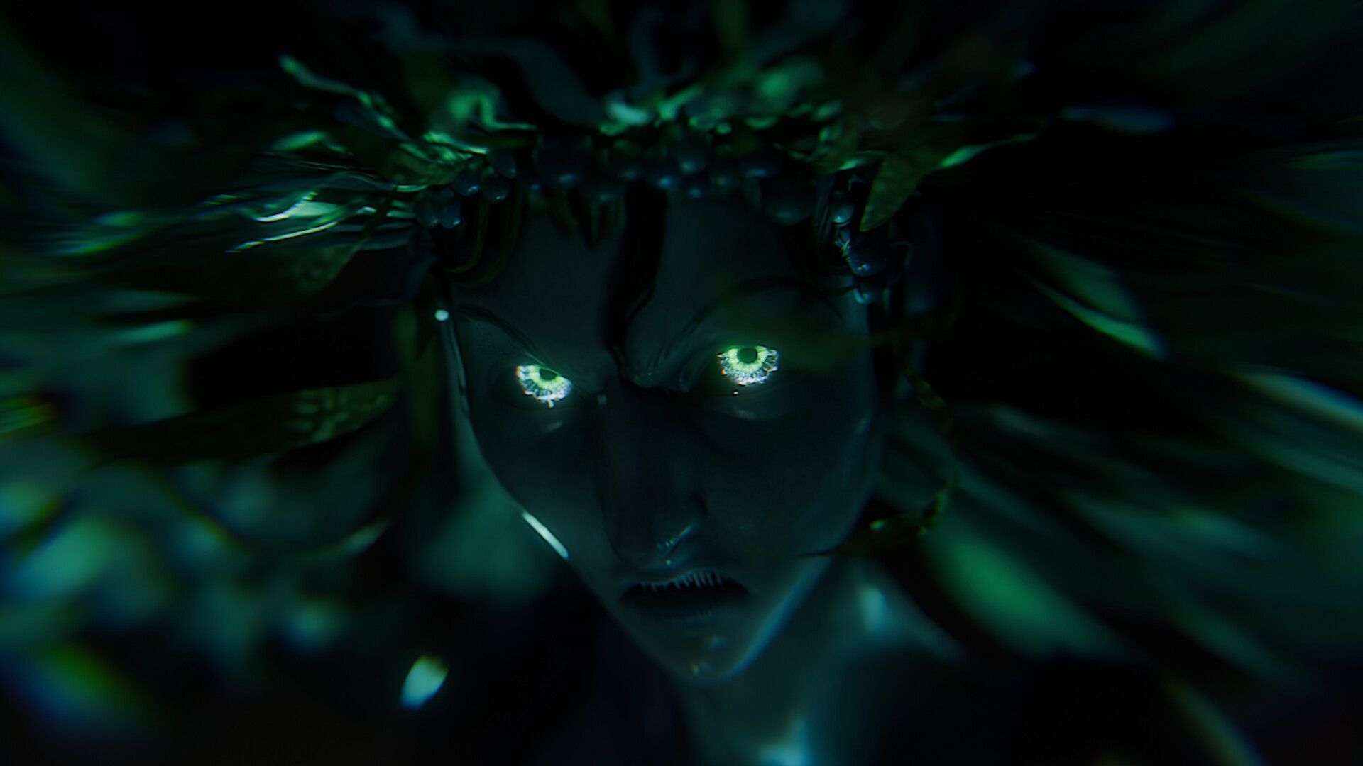 Computer art showing the close up image of a luminescent, monstrous woman, showing her glowing green eyes and her flowing hair. You can just barely see her sharp teeth.