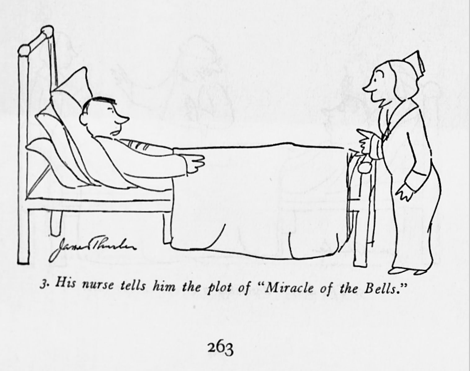 line drawing of a scowling and long-nosed man in a bed propped up on pillows looking at a figure in a nurse's cap at the end of the bed. Caption: "3. His nurse tells him the plot of 'Miracle of the Bells.'"