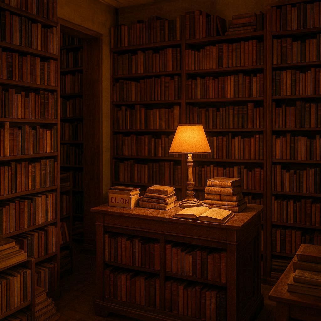 L'intérieur chaleureux d'une librairie d'occasion à Dijon, avec des rayons de vieux livres et une lampe allumée sur le comptoir