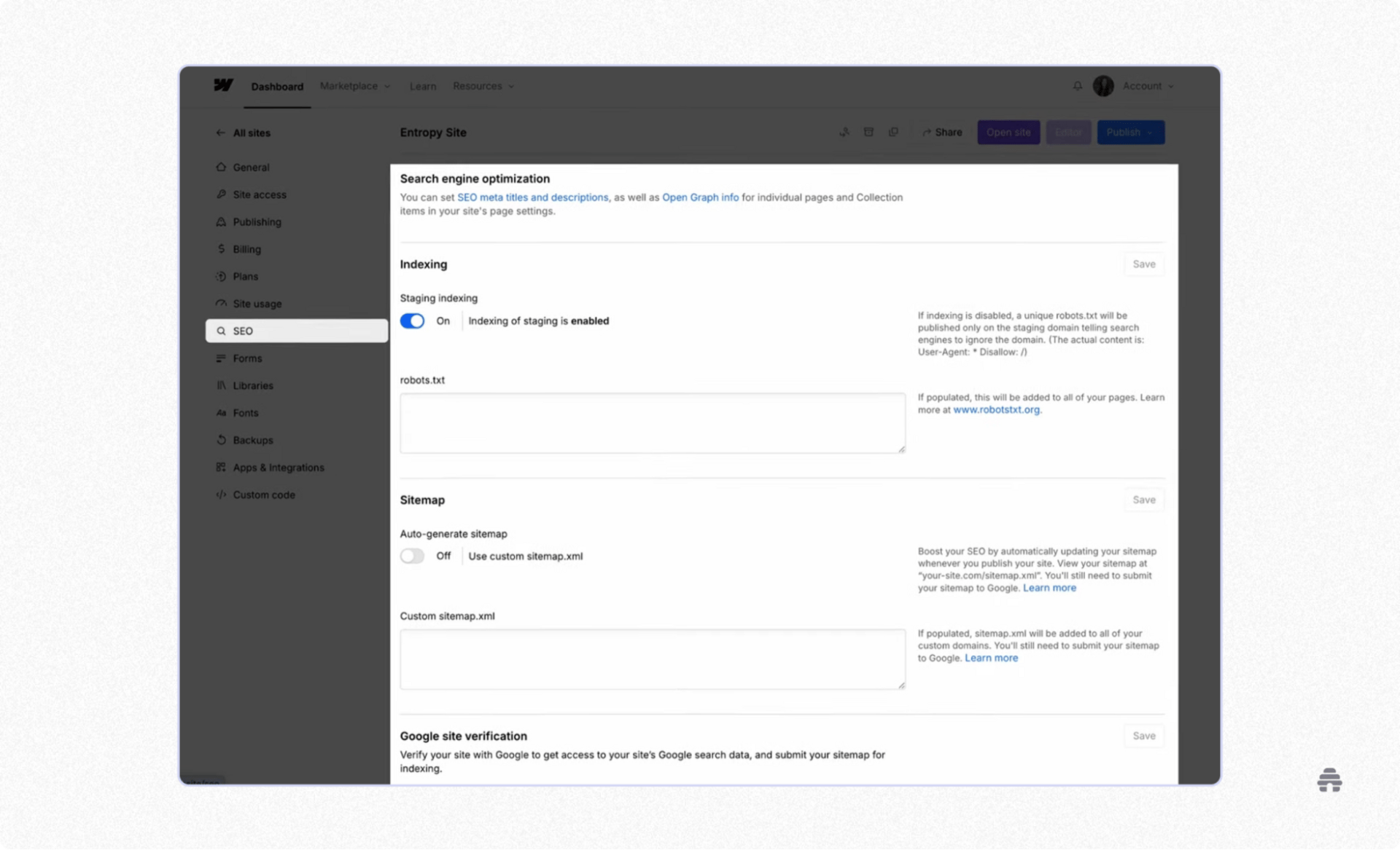 Screenshot of a beehiiv website dashboard showing SEO settings, including indexing controls, robots.txt, sitemap generation, and Google site verification options. This interface highlights how creators manage search engine optimization for newsletters and websites within beehiiv.
