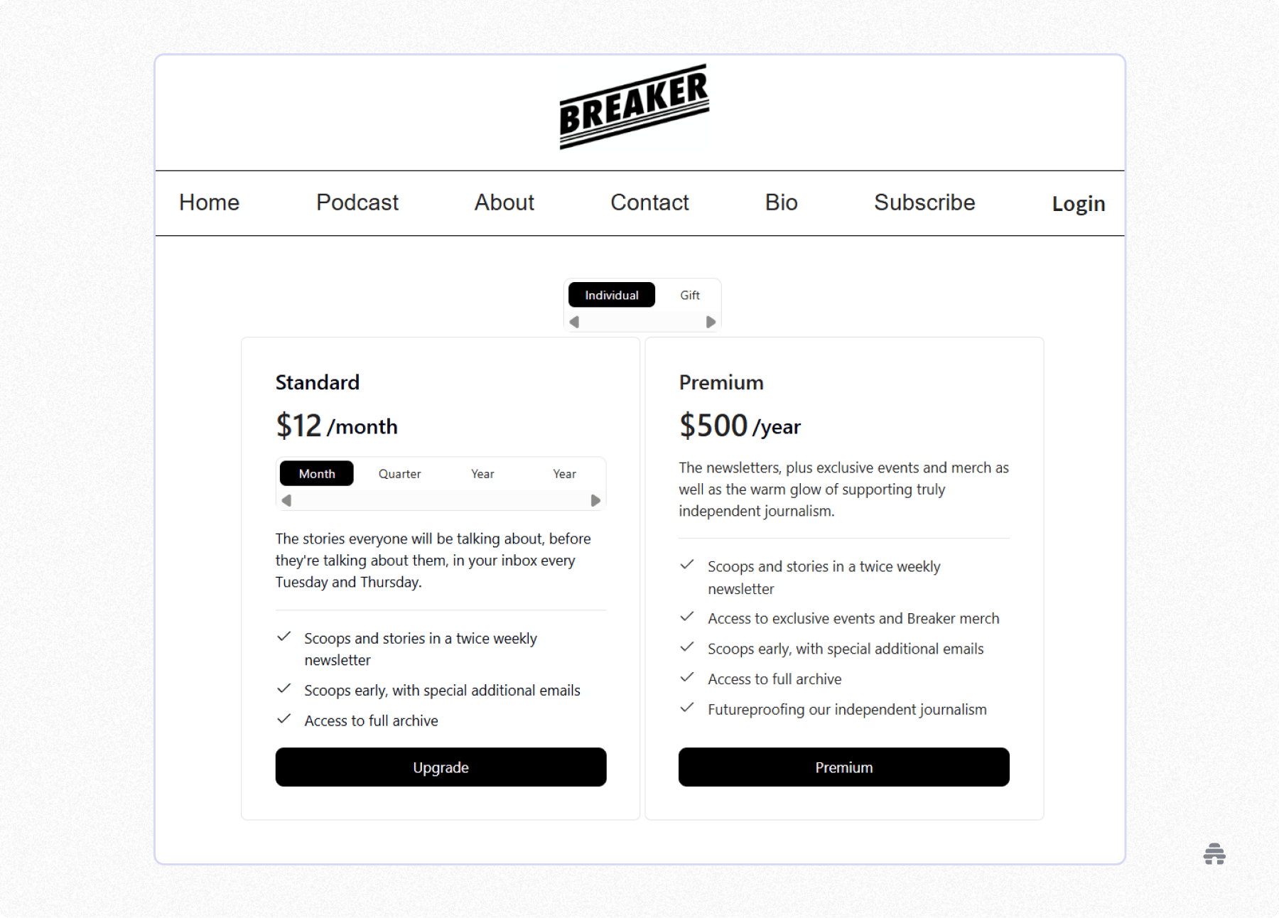 Breaker subscription page displaying Standard and Premium plans, outlining pricing, newsletter access, exclusive perks, and upgrade options for supporting independent journalism