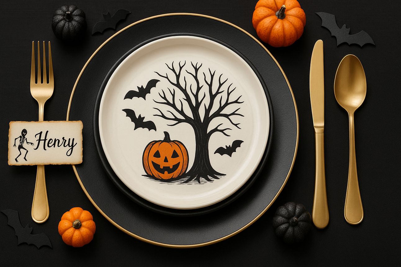 Halloween-themed place setting featuring a black charger plate, white ceramic plate with a pumpkin and tree design, gold flatware, a name tag labeled "Henry" with a skeleton illustration, and small decorative pumpkins and black bat cutouts on a dark tablecloth.