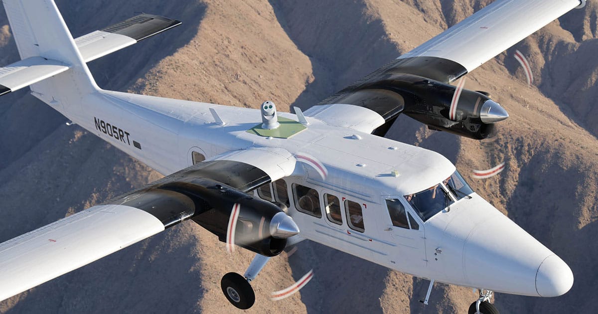 During a recent demonstration, a General Atomics optical communications terminal installed aboard a twin-engine De Havilland Canada DHC-6-300 aircraft successfully linked with a Tesat-built optical terminal on a Kepler Communications satellite in low Earth orbit. (Credit: General Atomics Electromagnetic Systems)