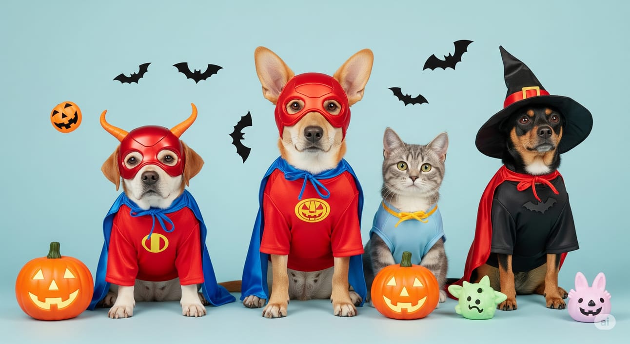 A 16:9 image showcasing various pets, such as dogs and cats, dressed in imaginative costumes like superheroes, popular TV characters, or mythical fantasy creatures. They are surrounded by festive Halloween props, and the bottom right-hand corner of the image is intentionally light in color.
