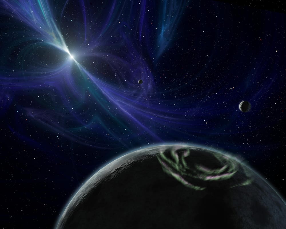 Artwork of three planets orbiting a nearby pulsar. One in the foreground has bright aurorae at the poles due to the wind of material from the pulsar.