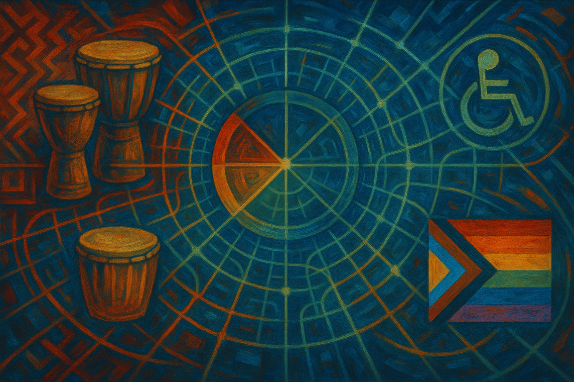 A mandala visualization showing how Intersectional Futurist healing technology integrates symbols and wisdom from multiple marginalized cultural traditions without appropriation, with African drums, medicine wheels, rainbow flags, and accessibility symbols connected by flowing code networks.