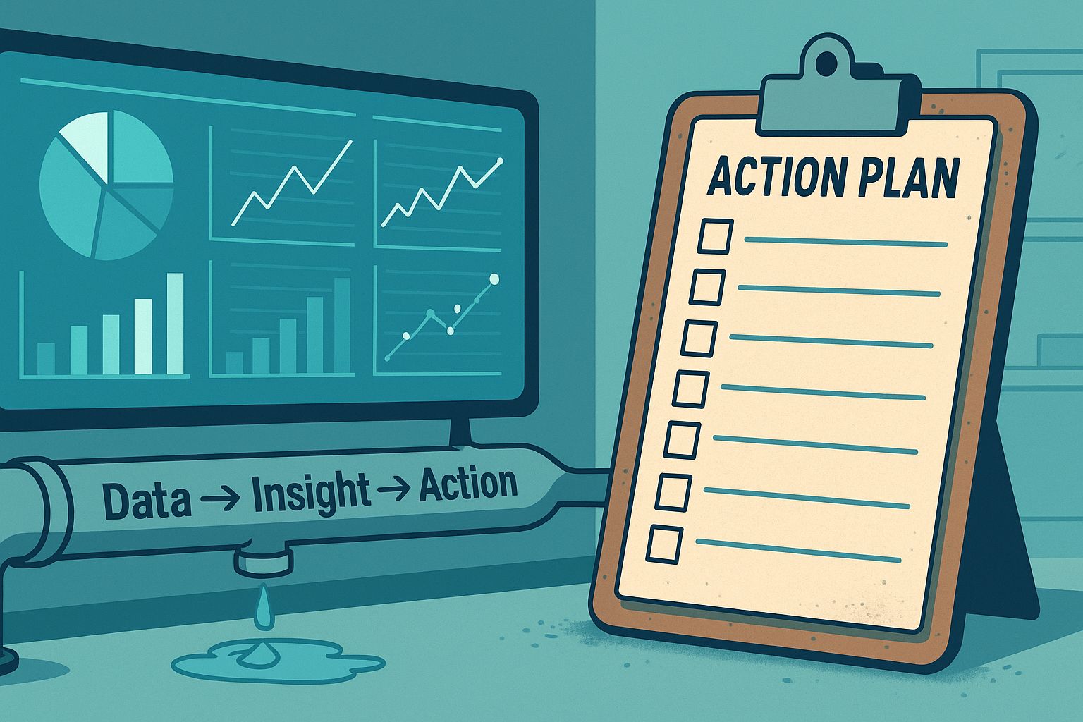 AI generated picture showing a sashboard next to an empty action plan and a leaky data to insight to action pipeline