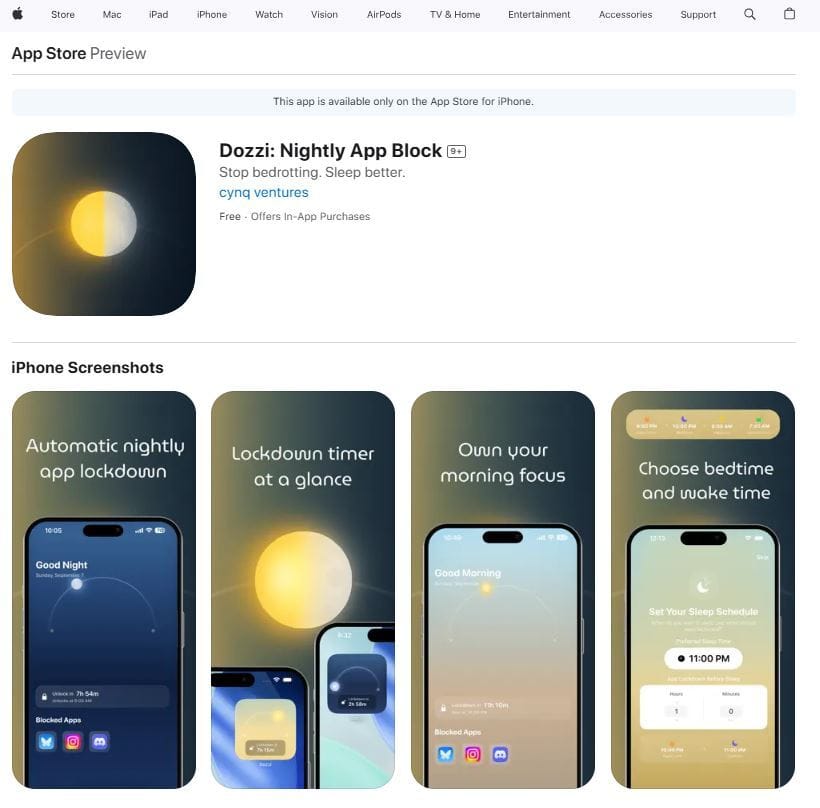 An App Store preview for "Dozzi: Nightly App Block," a free iPhone app by cynq ventures with in-app purchases. Screenshots illustrate automatic nightly app lockdowns, lockdown timers, morning focus modes, and customizable bedtime/wake schedules on a serene, gradient-themed interface.