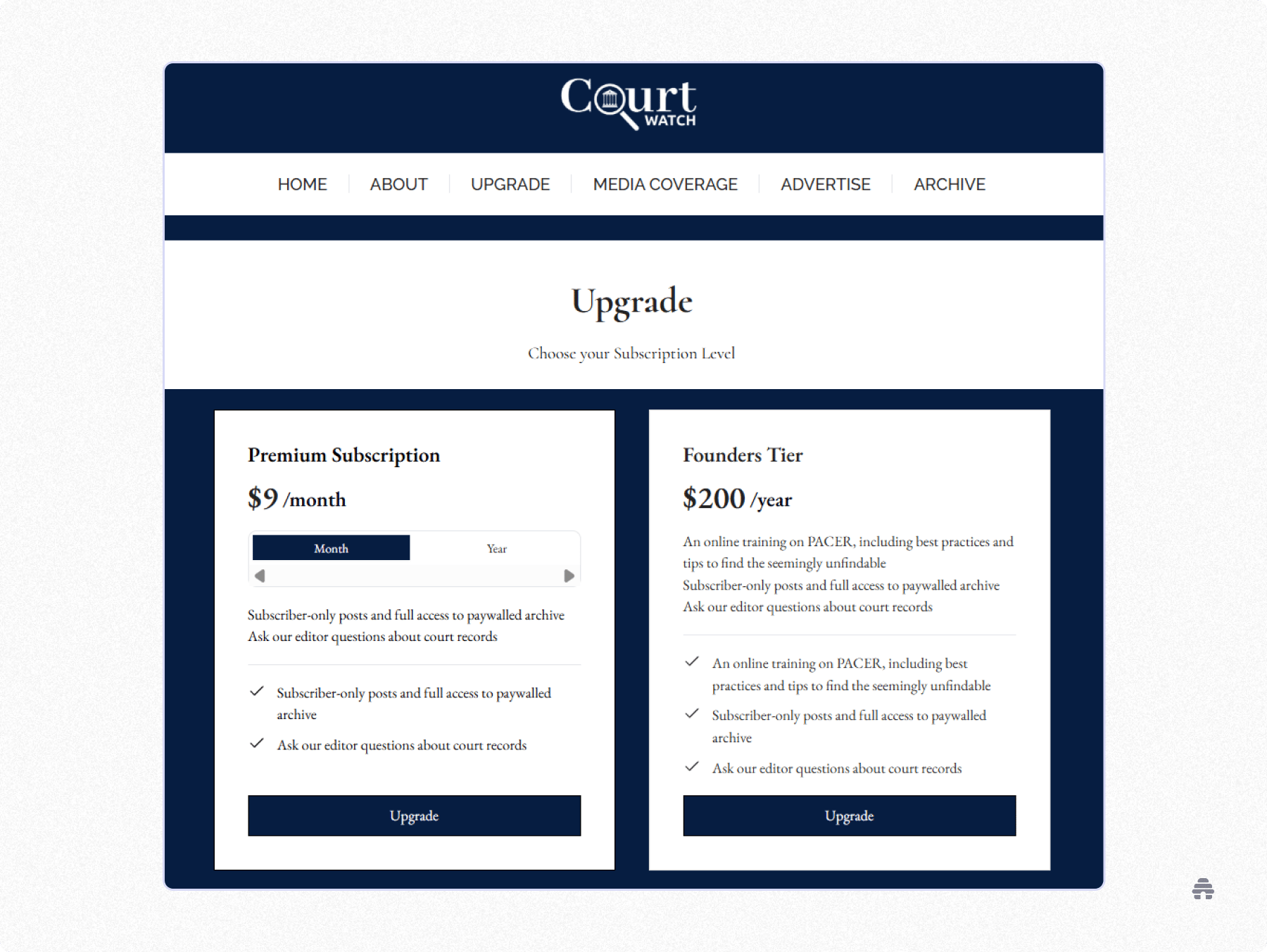 Court Watch upgrade page showing two subscription options: a $9/month premium plan with access to subscriber-only posts and the paywalled archive, and a $200/year Founders Tier that adds PACER training and research tips.