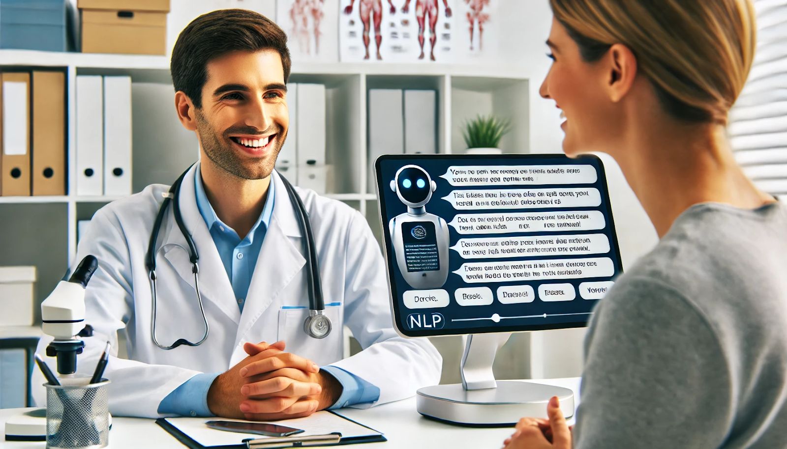 A doctor and patient having a conversation while a digital assistant with NLP technology transcribes their dialogue in real-time in a clinical setting.