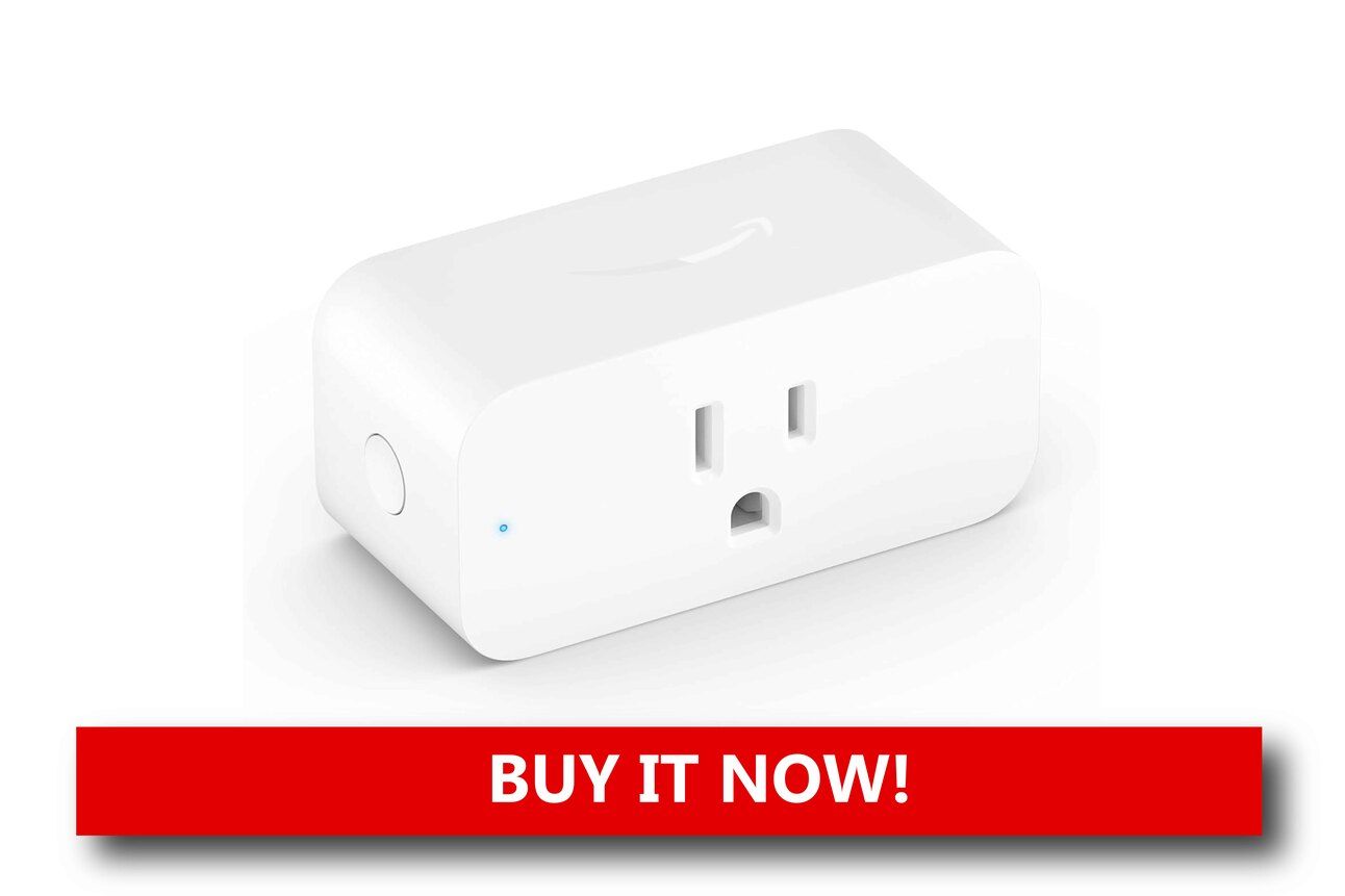 Smart Plugs That Power Your Routine A set of compact smart plugs plugged into wall outlets, controlling a lamp and coffee maker, with a smartphone app displaying scheduled settings.