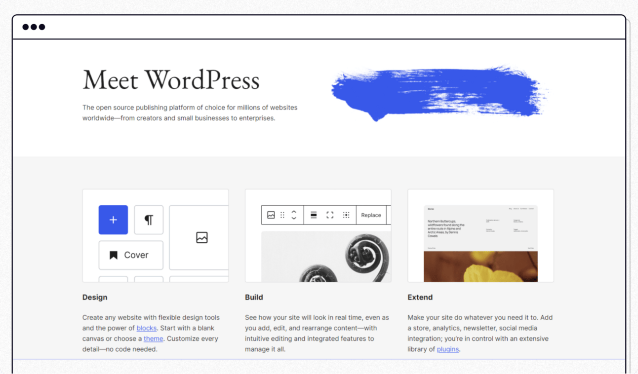 WordPress homepage highlighting its open-source publishing platform with tools to design, build, and extend websites. Shows WordPress features for creators and businesses building blogs, sites, and online content.