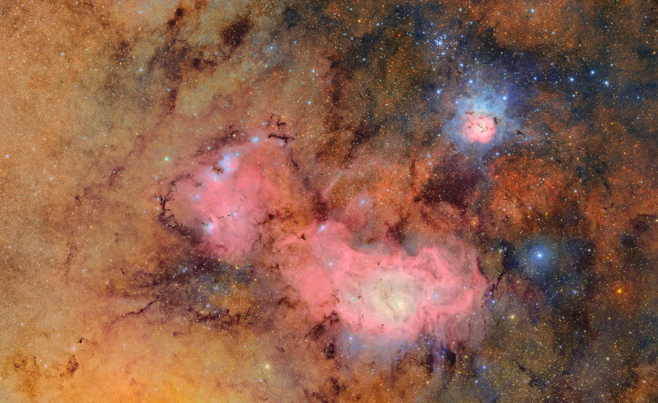This image is the result of stacking 678 individual exposures captured by the NSF–DOE Vera C. Rubin Observatory over a span of just over seven hours. By merging these frames, astronomers were able to uncover faint features—such as the gas and dust clouds of the Trifid Nebula (top) and the Lagoon Nebula—located thousands of light-years from Earth, that would otherwise remain hidden.