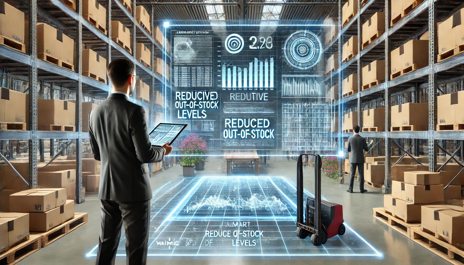 A futuristic warehouse setting with a mix of digital and physical elements. An AI interface shows predictive analytics charts and graphs for inventory management on a transparent digital screen. A manager is reviewing the data with a tablet in hand, looking at inventory levels projected to meet future demand. Walmart's example of reduced out-of-stock levels is highlighted on the screen.
