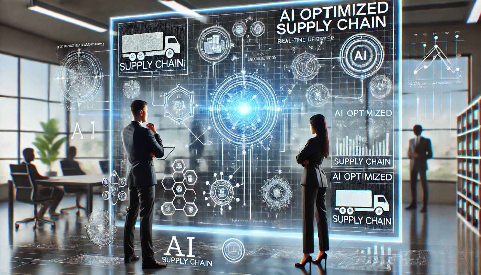 Two business professionals discussing in front of a holographic screen with interconnected supply chain nodes and AI-driven graphs in a modern office setting.