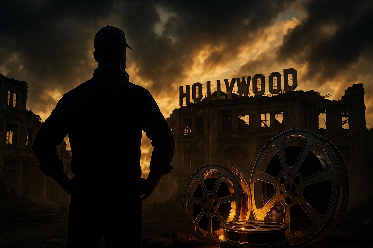 A silhouette of a Black film director stands confidently with hands on hips in front of a crumbling Hollywood studio lot at sunset. The sky is filled with dramatic storm clouds and golden light, while glowing film reels rest in the foreground, symbolizing a cinematic shift in power and legacy.