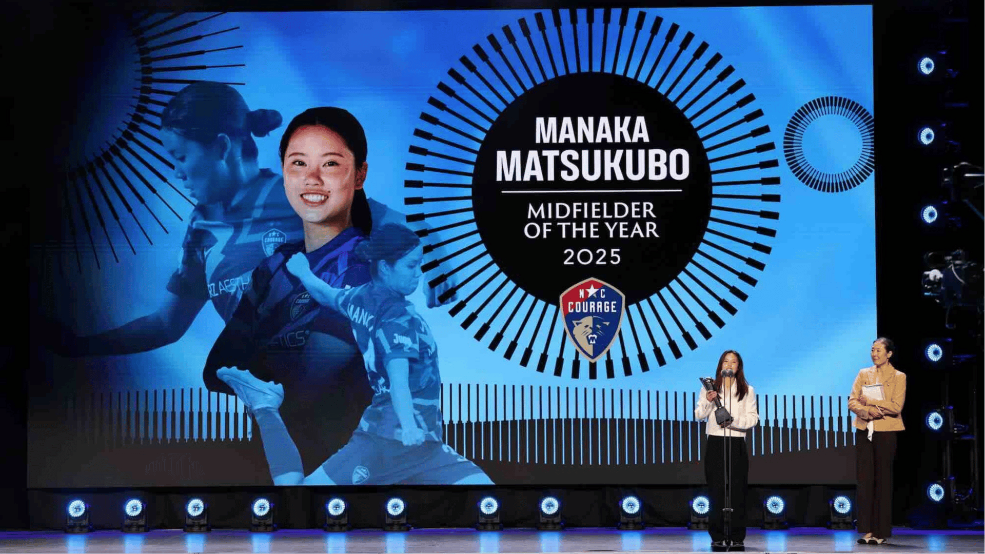 Manaka Matsukubo #34 of NC Courage accepts the Midfielder of the Year award during the 2025 NWSL Awards Presented by AT&T at Montgomery Theater on November 19, 2025 in San Jose, California. 