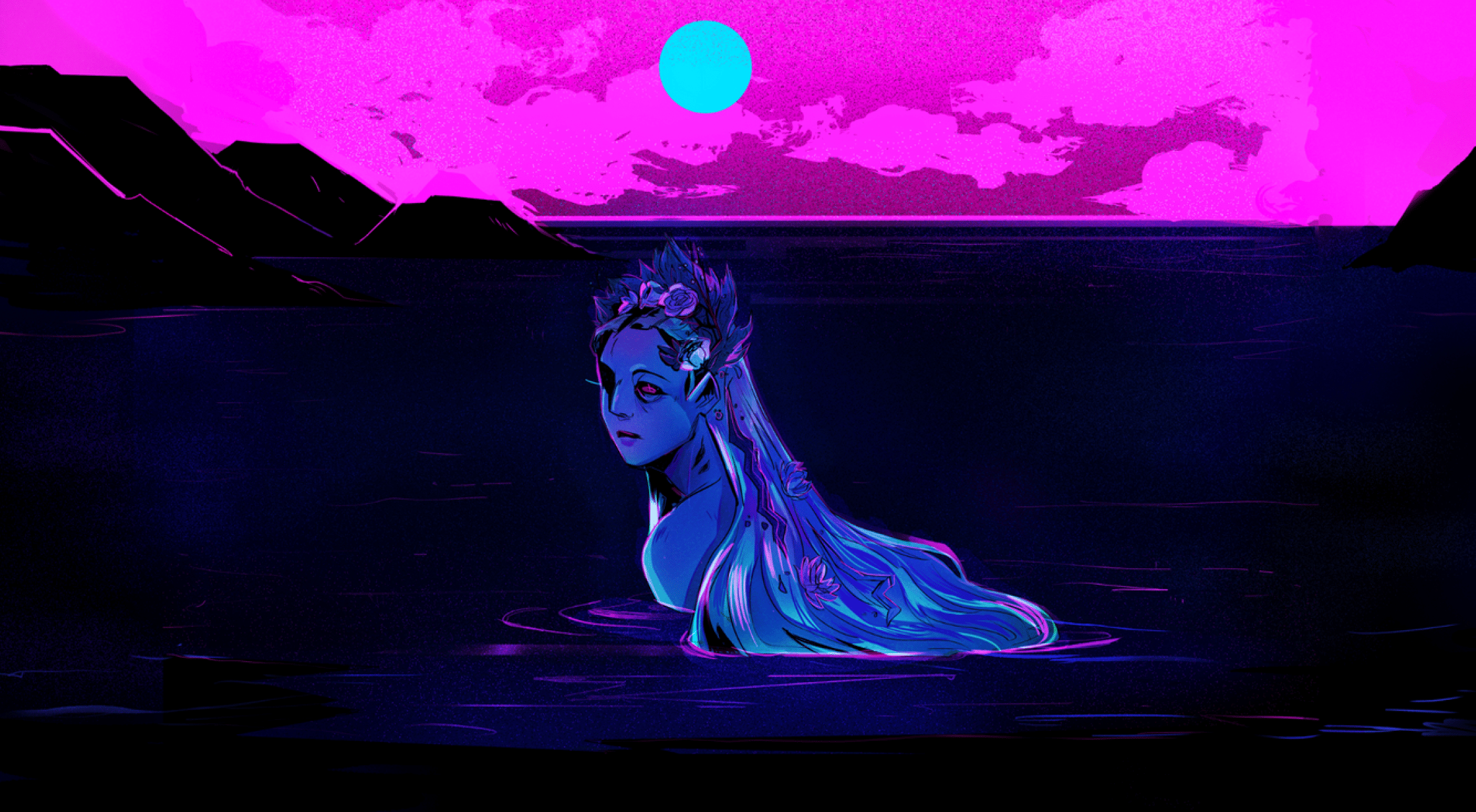 A vibrant illustration of a woman with a flower crown and her hair trailing in the dark water under a florescent pink sky. 