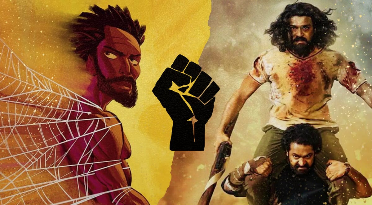 Montagem com um punho negro erguido ao centro separando uma ilustração da capa do livro “Trama ancestral” e uma cena do filme “Revolta, Rebelião, Revolução”. À esquerda, a ilustração é um homem negro parcialmente envolto por uma teia de aranha. À direita, um homem carrega outro sobre os ombros, ambos indianos, o que está sendo carregado tem um bastão em mãos e está com as roupas sujas e um pouco esfarrapadas, eles parecem prontos para enfrentar alguma batalha.