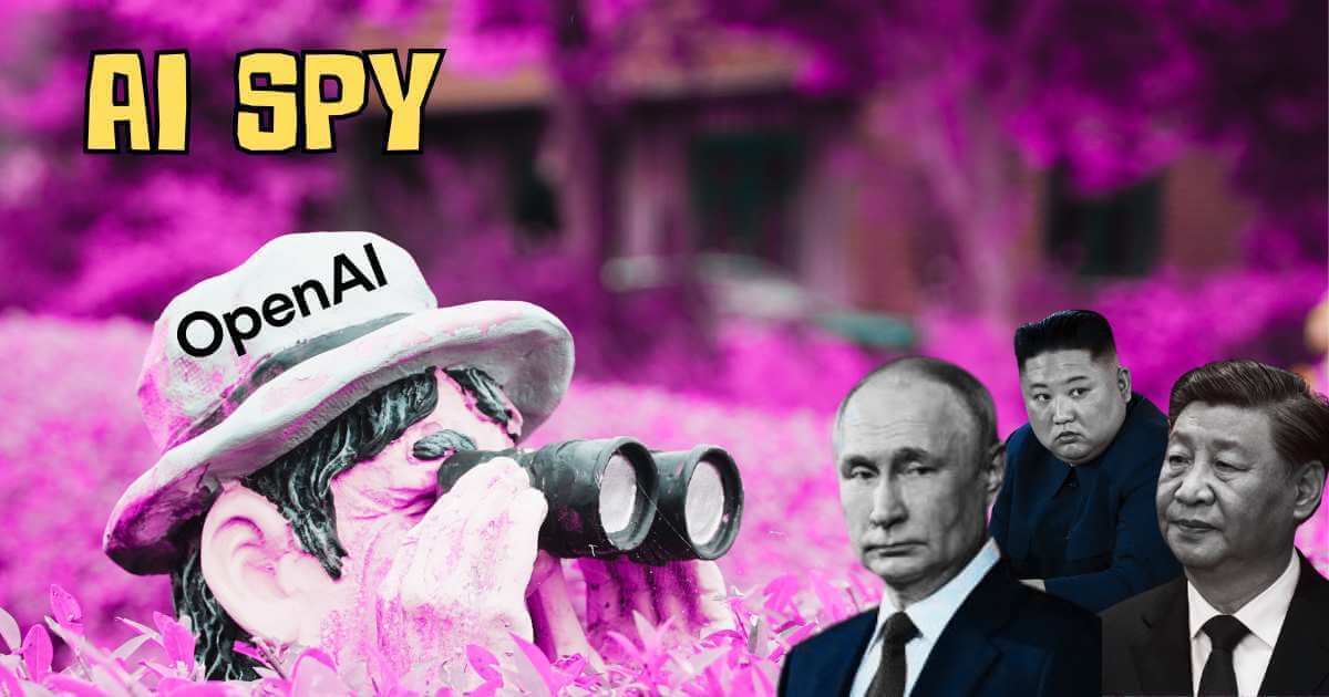 AI Spy text, a figurine with binoculars labeled "OpenAI" spying on Vladimir Putin, Kim Jong Un, and Xi Jinping, all set against a vibrant magenta background.