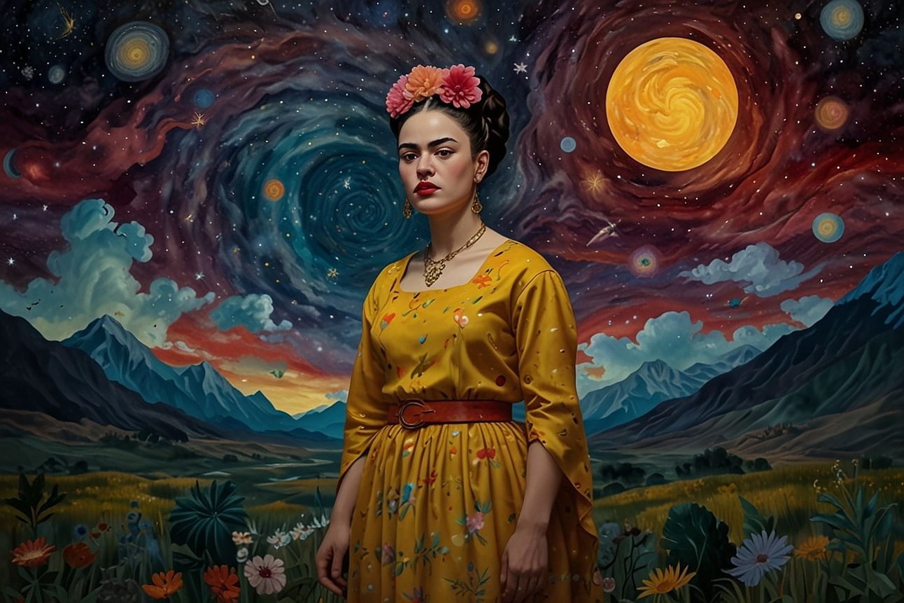 A VanGogh style image of a woman in a yellow dress who stands in the foreground in the background, galactic swirls represent the sky