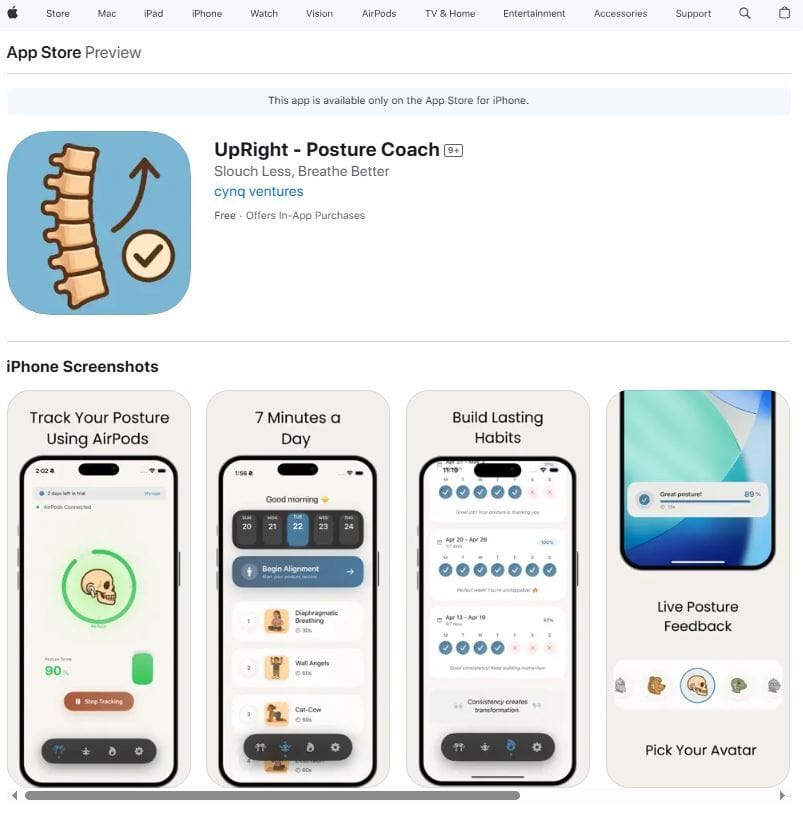 An App Store preview for "UpRight - Posture Coach," a free iPhone app by cynq ventures with in-app purchases. Screenshots show posture tracking with AirPods, a 7-minute daily routine, habit-building, and live feedback with avatars, all on a clean, user-friendly interface.