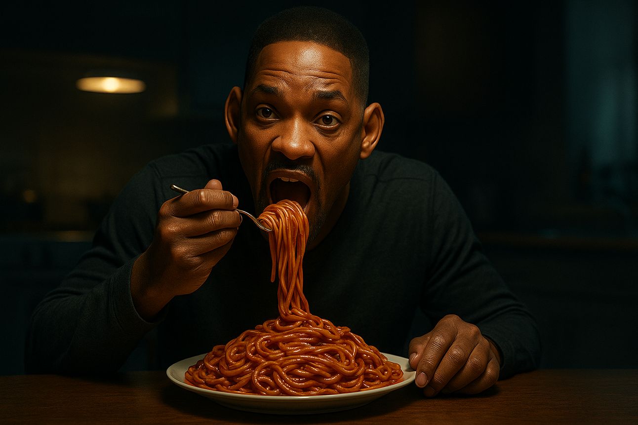 A hyperrealistic 16:9 image of a man resembling Will Smith sitting at a dimly lit dinner table, intensely focused as he eats a large, glossy plate of spaghetti. The scene has an uncanny, surreal quality, with unnaturally smooth skin textures and dramatic shadows. The background is a softly blurred kitchen with a moody glow from an overhead light, creating an unsettling, cinematic atmosphere.
