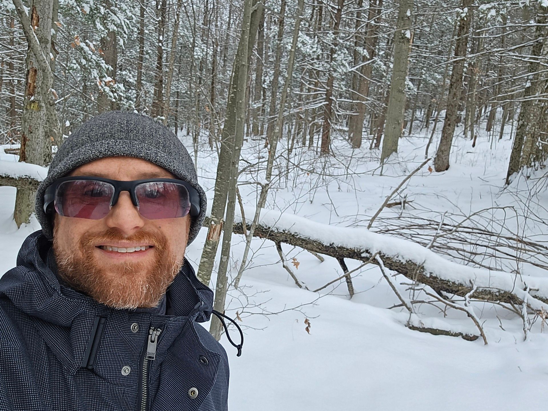A selfie of me in a snow-covered pine forest. I'm a middle-aged white man with a red beard flecked with white. I'm wearing a grey beanie, black sunglasses, and a dark blue winter coat with a check pattern.