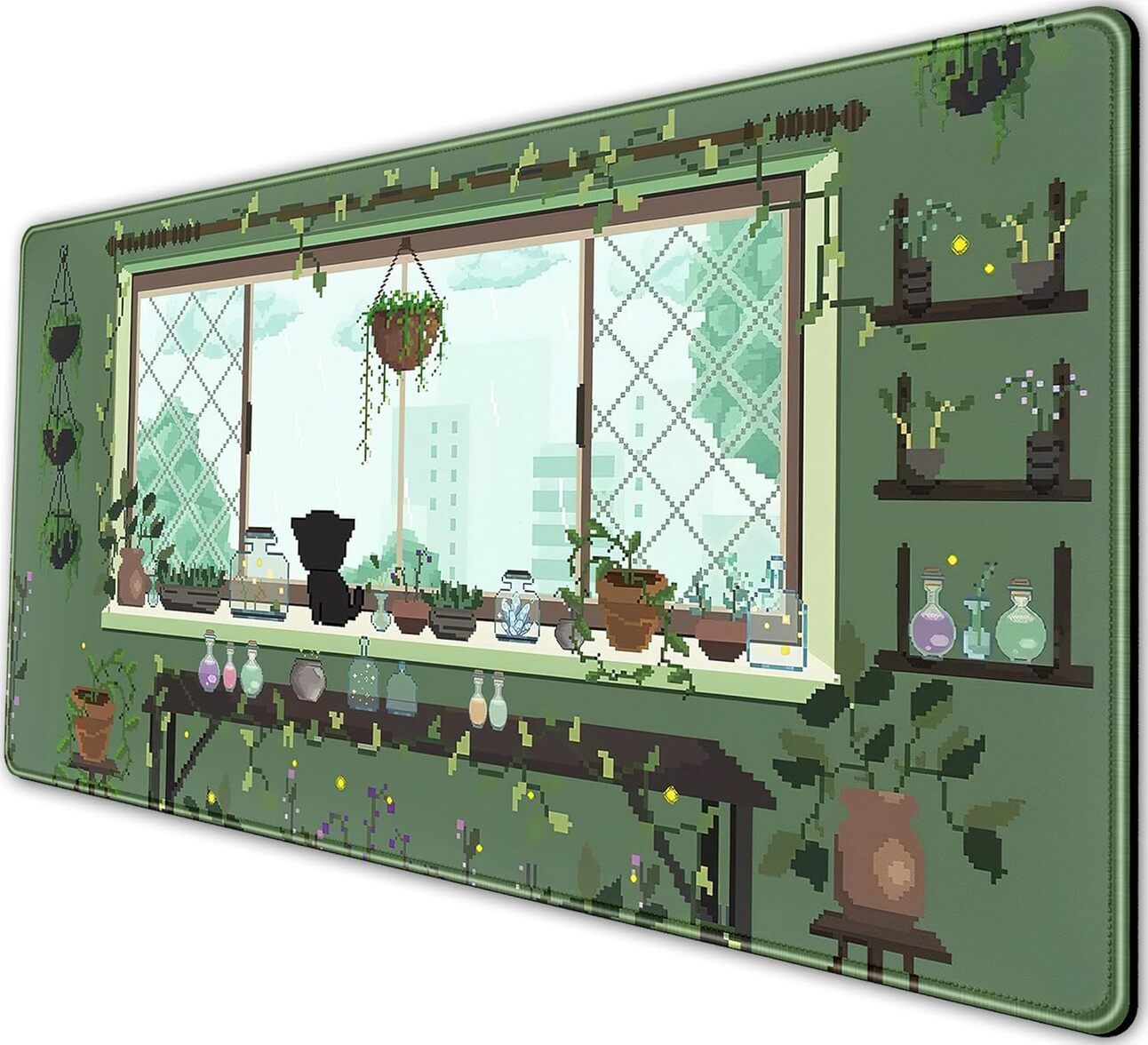 Anime or Pixel Art Desk Mats Alt text: Oversized desk mats featuring pixel art, anime themes, or gaming designs, providing colorful, water-resistant desk coverage.