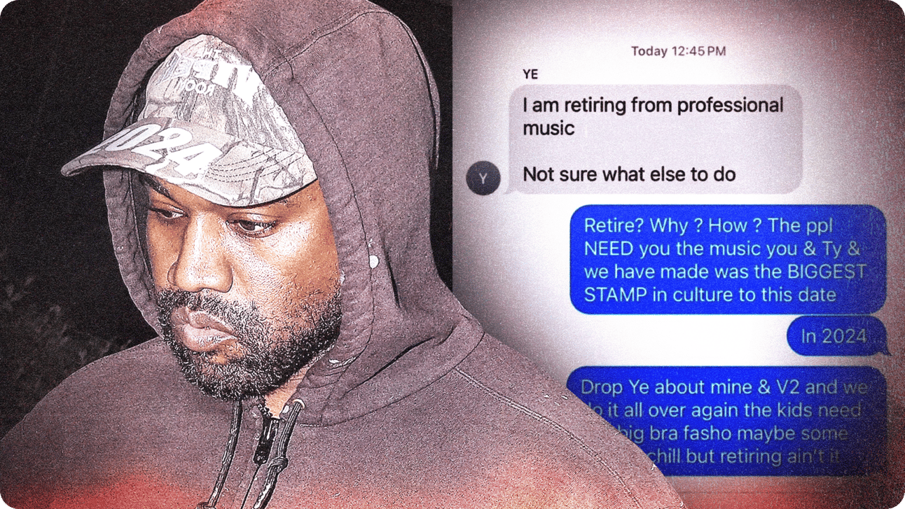 Ye wearing baseball cap next to screenshot of text message he sent
