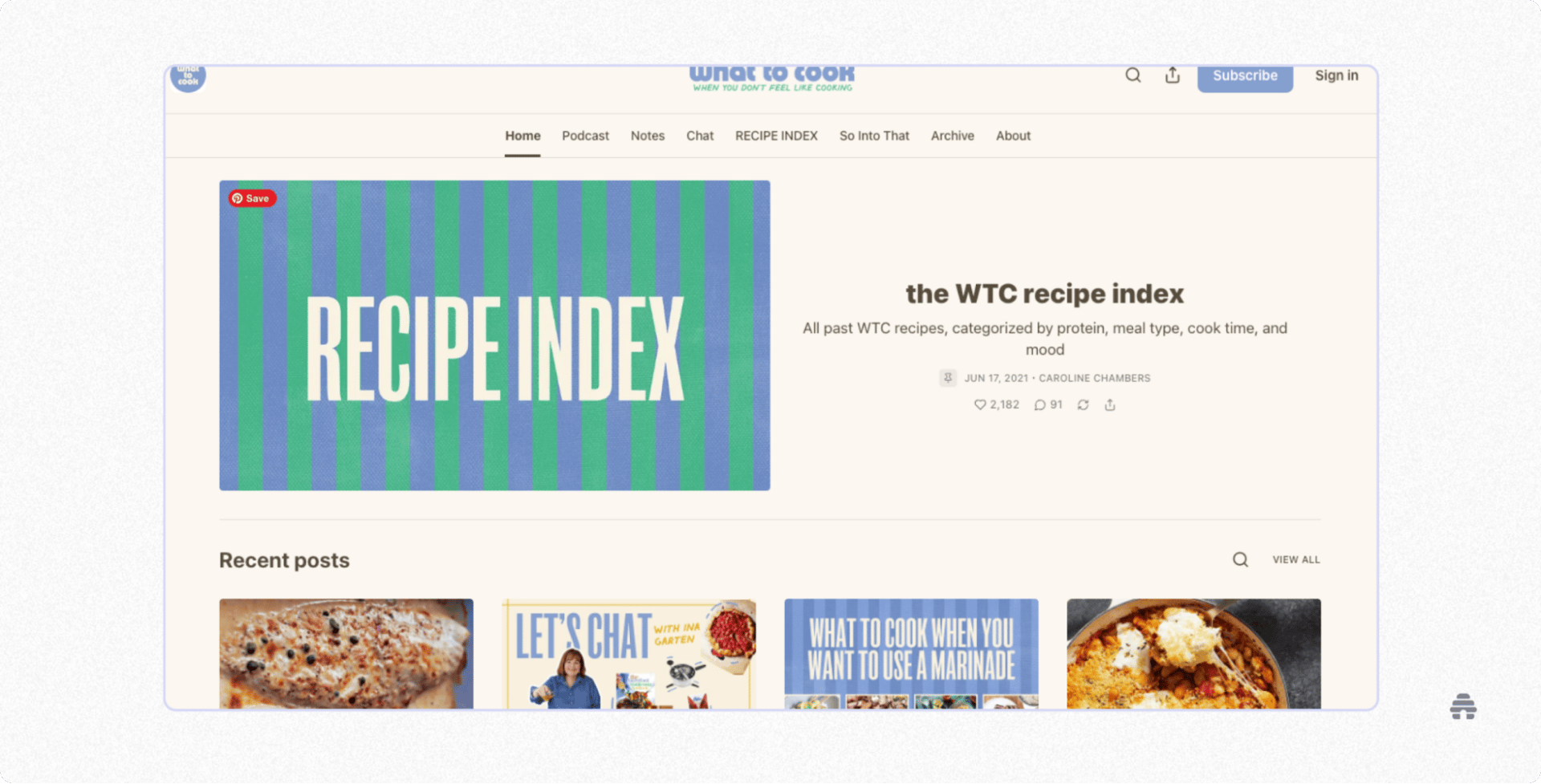 What to Cook homepage featuring the WTC Recipe Index with categorized recipes by protein, meal type, cook time, and mood, along with recent posts and a subscribe option.