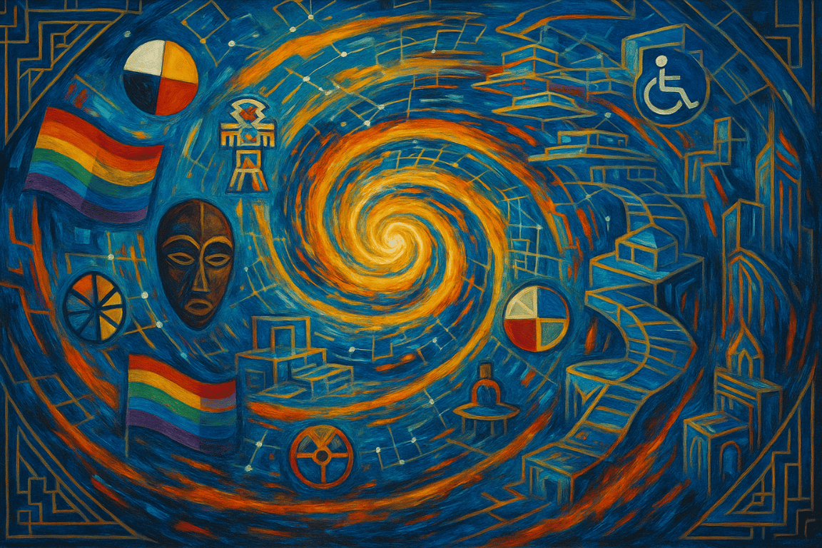 A cosmic spiral visualization showing how individual healing transforms into collective liberation through technology that honors ancestral wisdom, with ancient symbols flowing through digital networks connecting past traditions to future possibilities in a renaissance of marginalized community empowerment.
